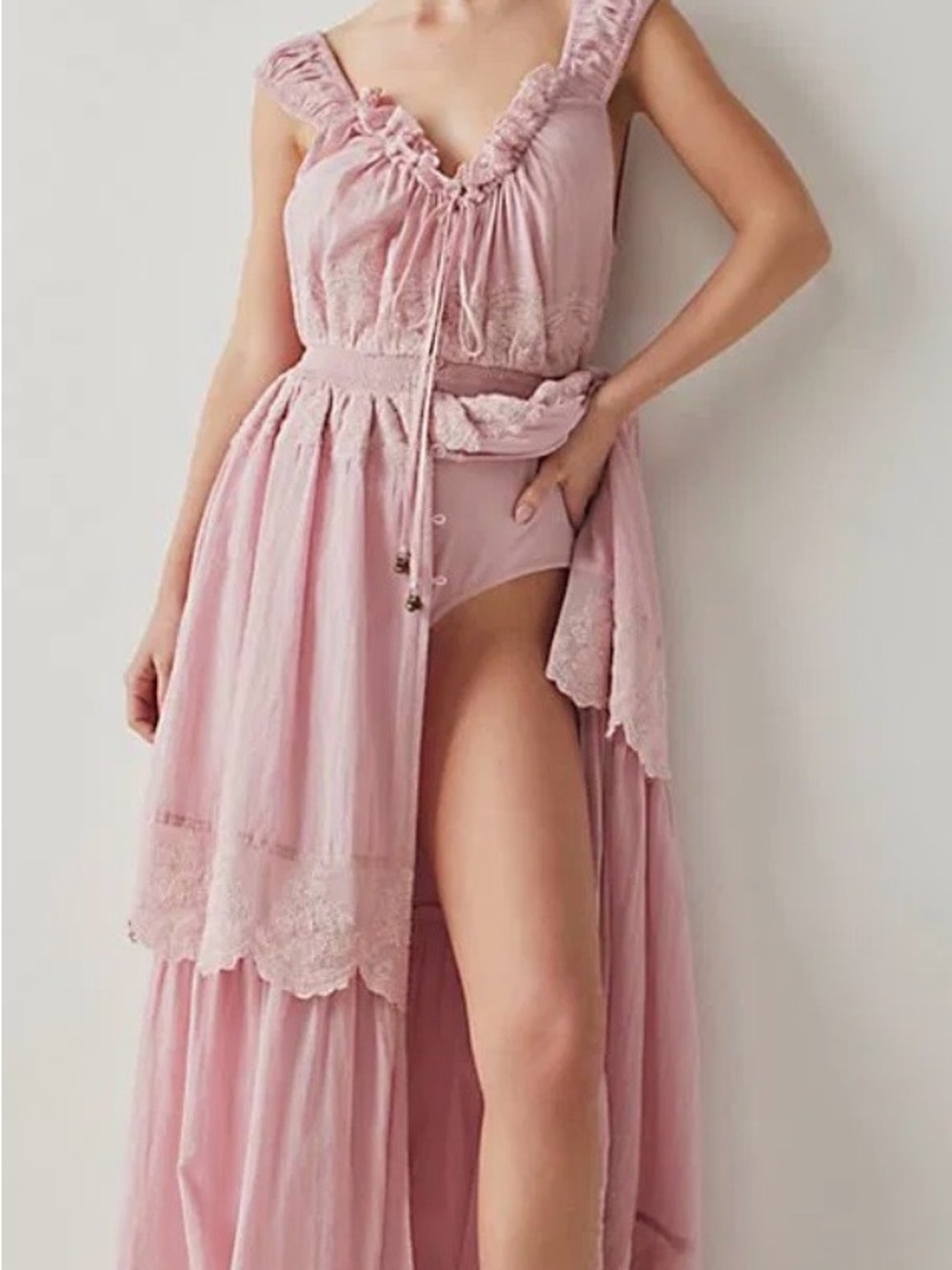 Free People Dusty Pink High-Low Lace-Trim Maxi Dress